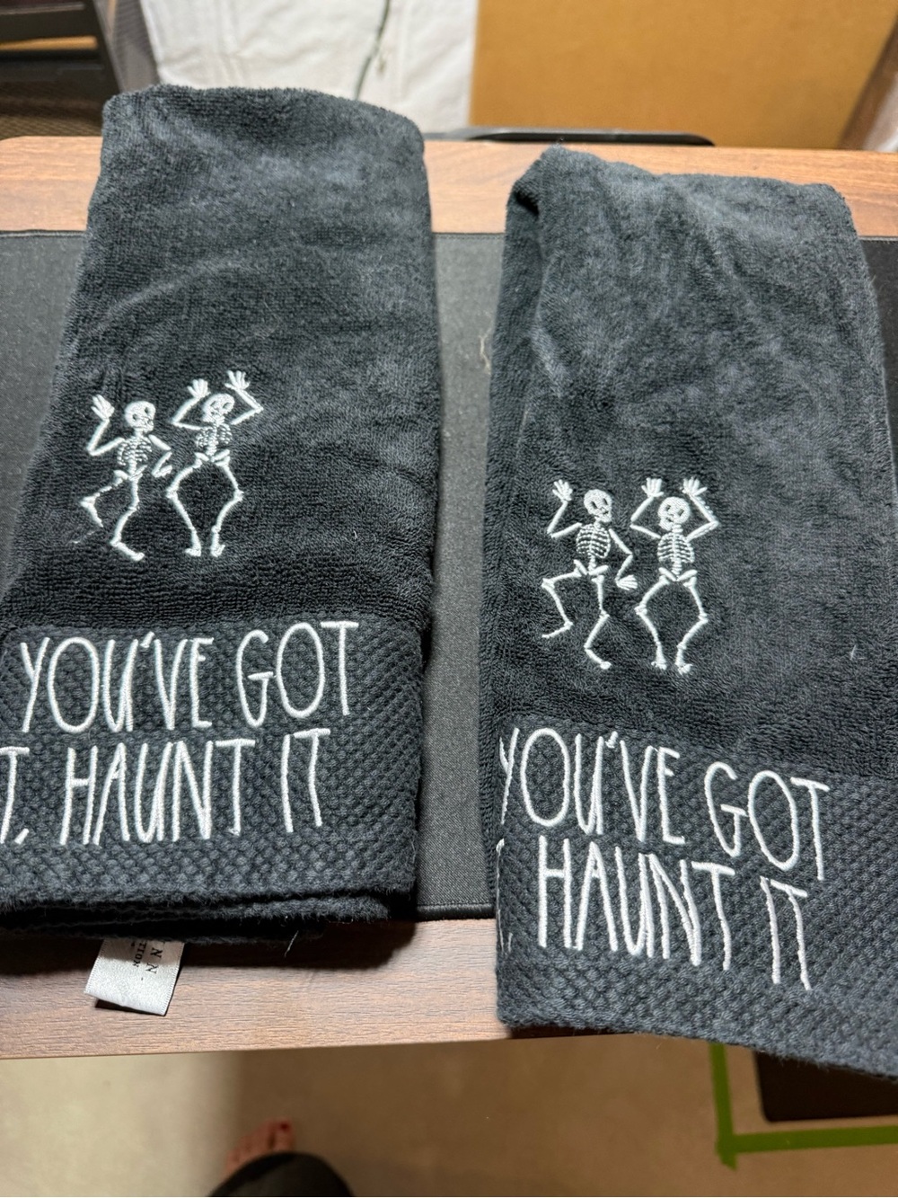 Rae Dunn Black Halloween Hand Towels White Skeletons